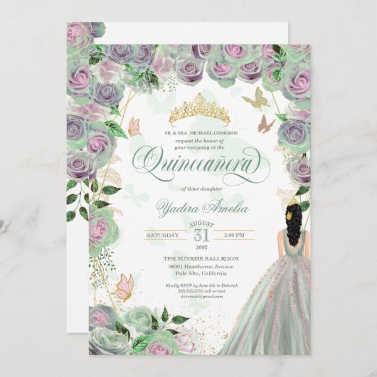 Invitation Quinceanera Mint Green Roses Élégant Papillon (Devant / Derrière)