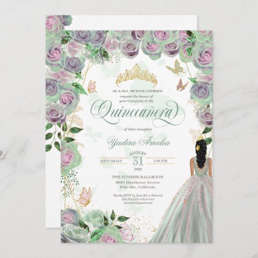 Invitation Quinceanera Mint Green Roses Élégant Papillon (Devant / Derrière)