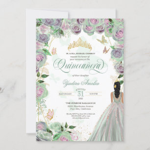 Invitation Quinceanera Mint Green Roses Élégant Papillon