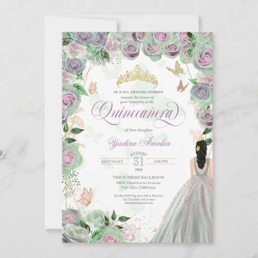 Invitation Quinceanera Mint Green Roses Élégant Papillon Inv (Devant)