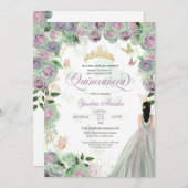 Invitation Quinceanera Mint Green Roses Élégant Papillon Inv (Devant / Derrière)