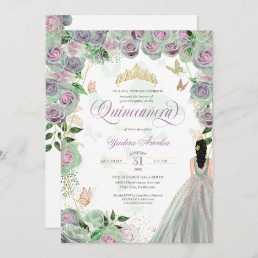 Invitation Quinceanera Mint Green Roses Élégant Papillon Inv (Devant / Derrière)