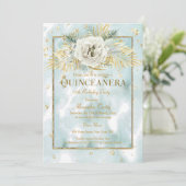 Invitation Quinceanera Mint Turquoise marbre or Rose Floral (Debout devant)