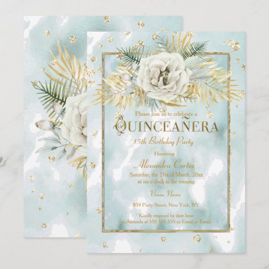 Invitation Quinceanera Mint Turquoise marbre or Rose Floral (Devant / Derrière)