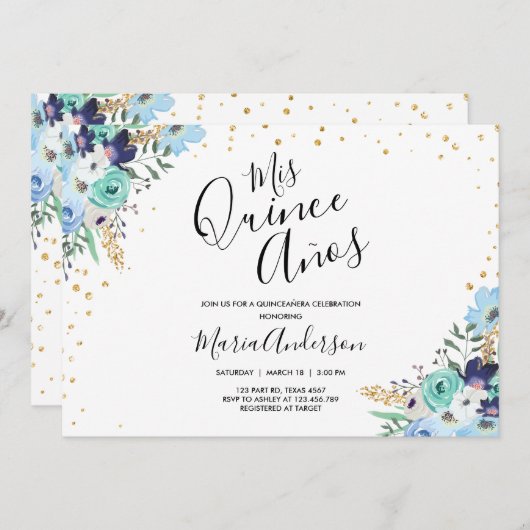 Invitation Quinceañera Mis Quince Años Blue Floral Anniversai (Devant / Derrière)