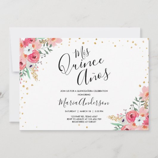 Invitation Quinceañera Mis Quince Años Pink Floral Anniversai (Devant)