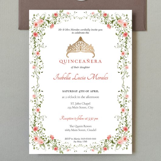 Invitation Quinceañera mis quince Tiara Floral