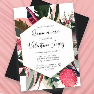 Invitation Quinceanera moderne rose noire tropicale
