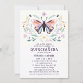 Invitation Quinceañera Moderne rose violet papillon floral (Devant)