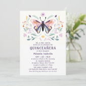 Invitation Quinceañera Moderne rose violet papillon floral (Debout devant)