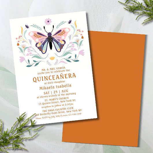 Invitation Quinceañera Moderne rose violet papillon floral