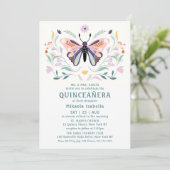 Invitation Quinceañera Moderne rose violet papillon floral (Debout devant)