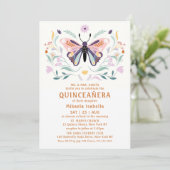 Invitation Quinceañera Moderne rose violet papillon floral (Debout devant)
