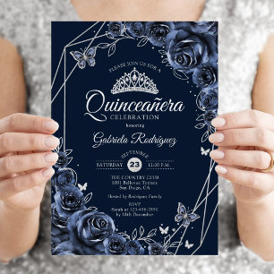 Invitation Quinceanera Navy Argent Floral