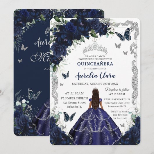 Invitation Quinceañera Navy Blue Floral Silver Princess (Devant / Derrière)