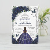 Invitation Quinceañera Navy Blue Floral Silver Princess  (Debout devant)