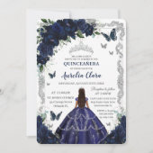 Invitation Quinceañera Navy Blue Floral Silver Princess (Devant)