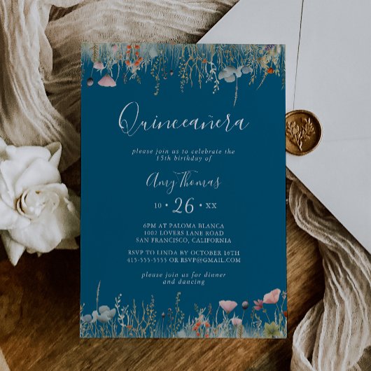 Invitation Quinceañera Navy Colorée Bohème Fleurie Heureuse