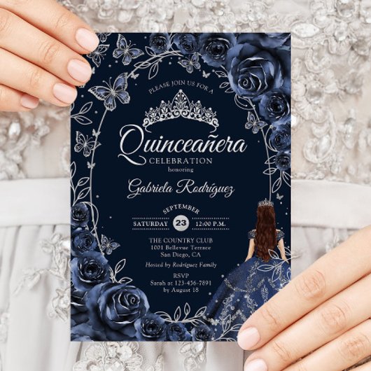 Invitation Quinceanera Navy Silver Butterflies Roses
