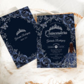 Invitation Quinceanera Navy Silver Butterflies Roses
