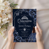 Invitation Quinceanera Navy Silver Butterfly Dress Floral