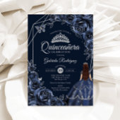 Invitation Quinceanera Navy Silver Butterfly Dress Floral