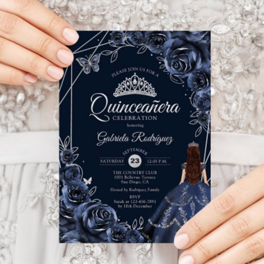 Invitation Quinceanera Navy Silver Butterfly Dress Floral