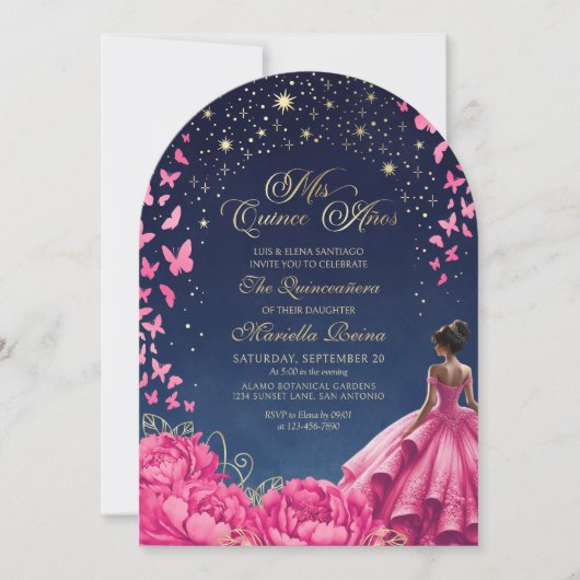 Invitation Quinceanera nocturne rose chaud (Devant)