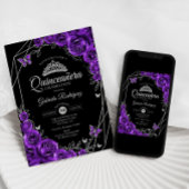 Invitation Quinceanera Noir Argent Violet Floral