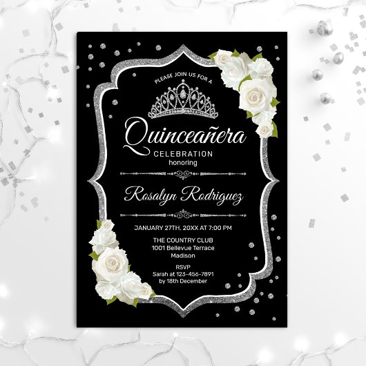 Invitation Quinceanera - Noir blanc argenté