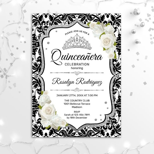 Invitation Quinceanera - Noir blanc Damas argent