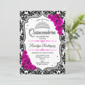 Invitation Quinceanera - Noir blanc Damas rose argent (Debout devant)