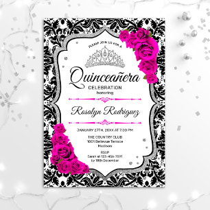 Invitation Quinceanera - Noir blanc Damas rose argent