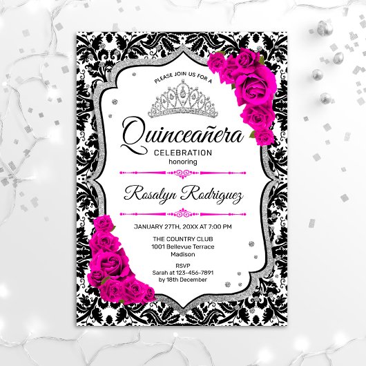 Invitation Quinceanera - Noir blanc Damas rose argent