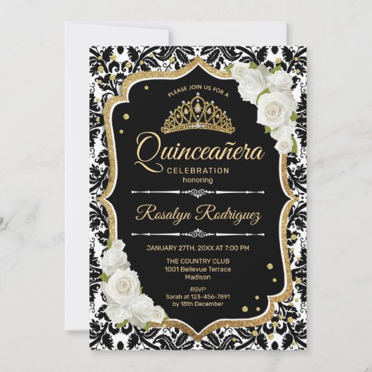 Invitation Quinceanera - Noir Blanc Or (Devant)