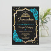 Invitation Quinceanera - Noir d'or Turquoise (Debout devant)