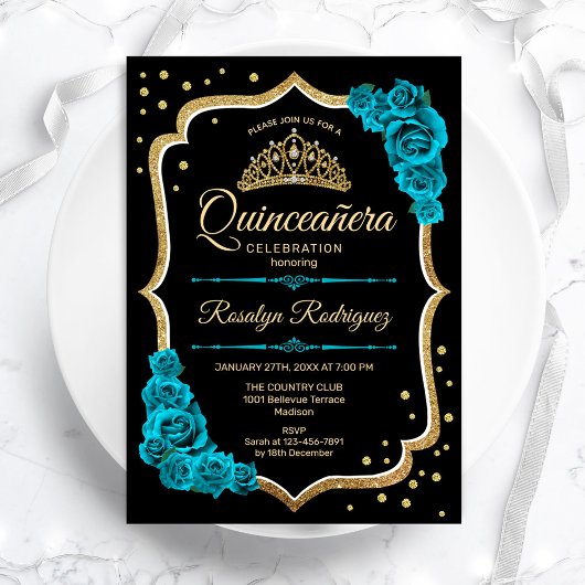 Invitation Quinceanera - Noir d'or Turquoise