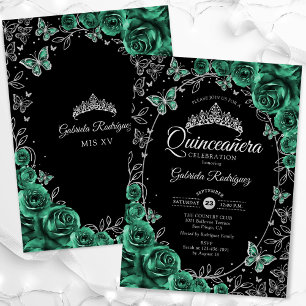 Invitation Quinceanera Noir Émeraude Vert Argent