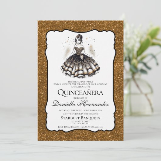 Invitation Quinceañera noir et or (Debout devant)