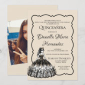 Invitation Quinceañera noir et or (Devant / Derrière)