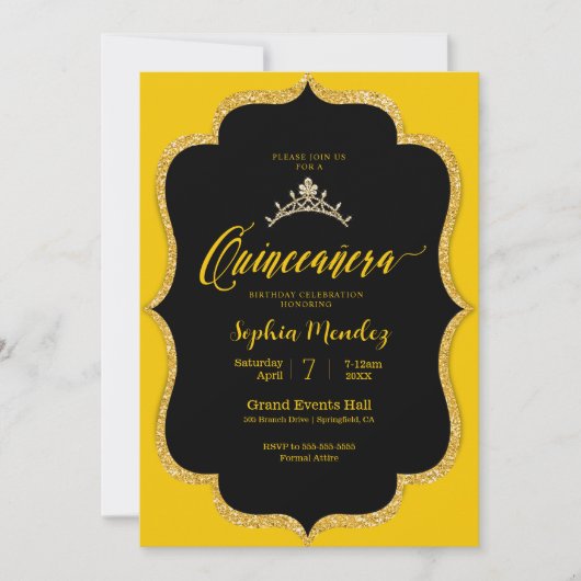 Invitation Quinceanera noir et or (Devant)