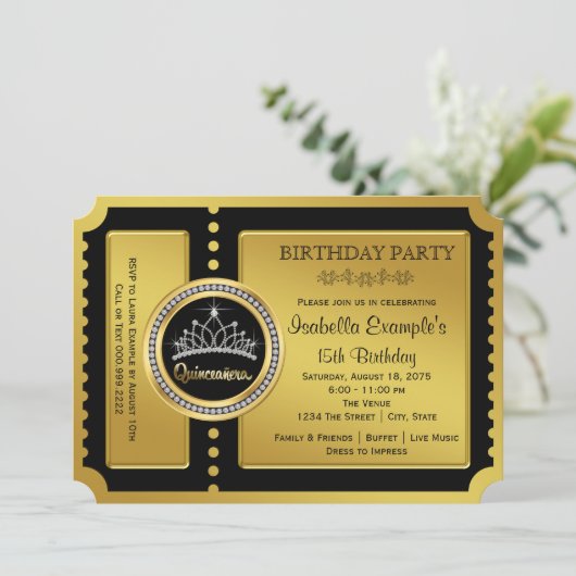 Invitation Quinceanera noir et or fête d'anniversaire (Debout devant)