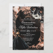 Invitation Quinceañera Noir et Or Rose (Devant)