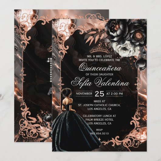 Invitation Quinceañera Noir et Or Rose (Devant / Derrière)