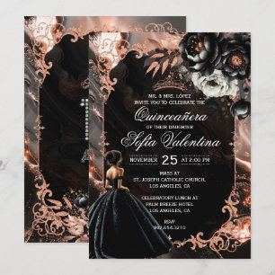Invitation Quinceañera Noir et Or Rose