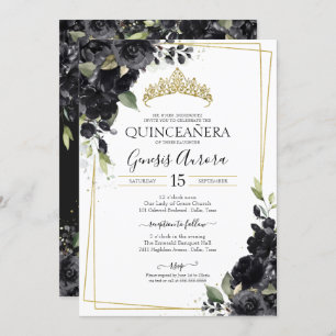 Invitation Quinceañera Noir & Or Elegant Aquarelle Floral