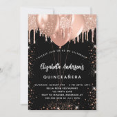 Invitation Quinceanera noir rose or ballons parties scintilla (Devant)