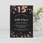 Invitation Quinceanera noir rose or étoiles luxe (Debout devant)