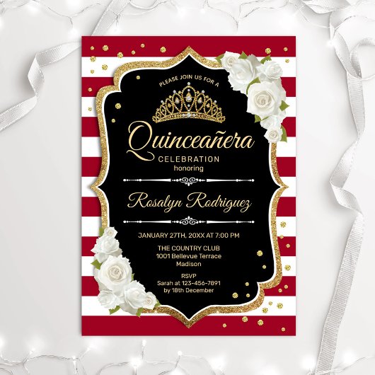 Invitation Quinceanera - Noir Rouge Blanc Or