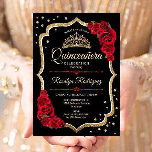 Invitation Quinceanera - Noir Rouge Or